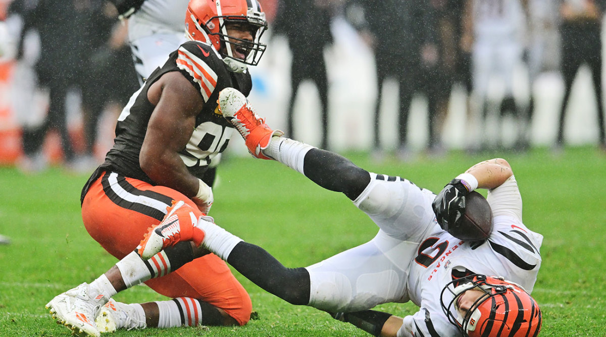 Browns defensive end Myles Garrett sacks Bengals quarterback Joe Burrow in Week 2.